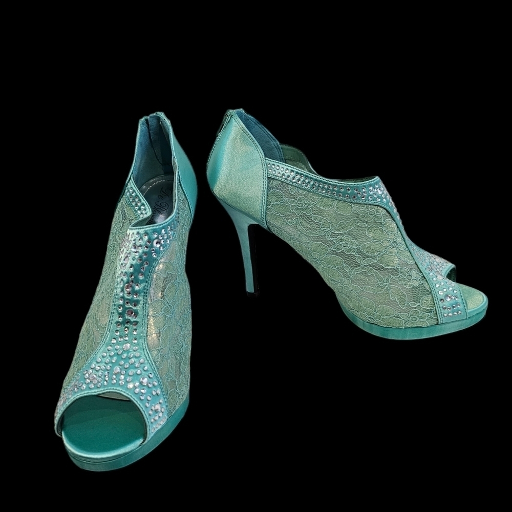 3/$25 NWOB De Blossom Collection Aqua Seafoam Green Size 9 Lace Peeptoe Heels - Picture 6 of 7